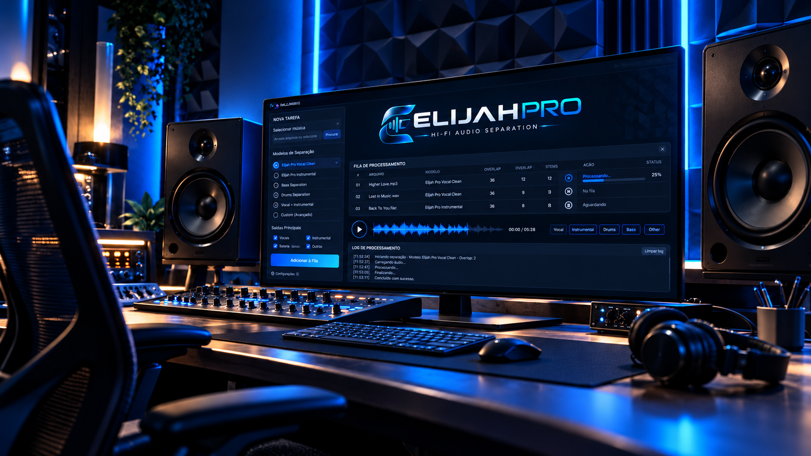 Estúdio profissional com monitor ultrawide exibindo ELIJAH PRO